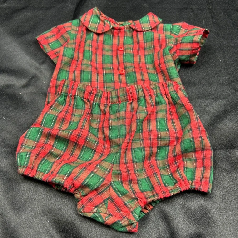 Vintage Baby Christmas Plaid Outfit Set Red Green Gold 3-9 Months Holiday 2pc